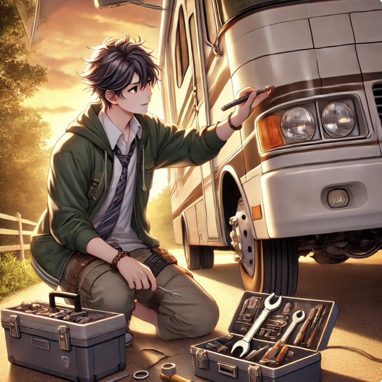 An anime college graduate fixing an RV on the side of a road with a toolbox, wrenches, and a paint touch up kit.
